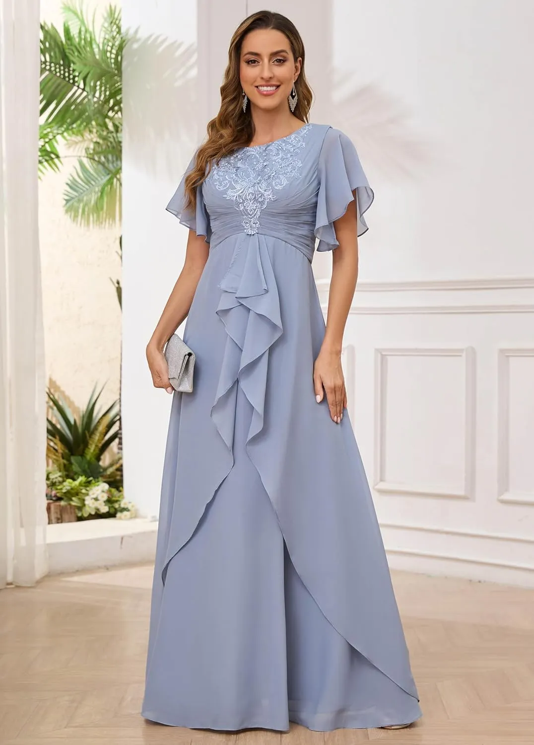 Women's Scoop Neck Chiffon Mother of The Bride Dresses with Sleeves Long Formal Evening Gown