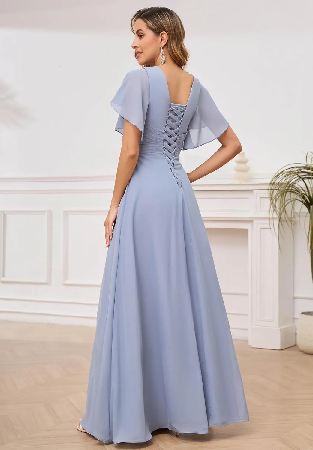 Women's Scoop Neck Chiffon Mother of The Bride Dresses with Sleeves Long Formal Evening Gown