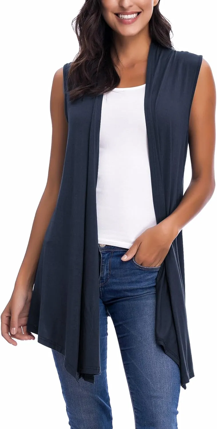Womens Sleeveless Open Front Draped Asymmetric Hem Cardigan Vest