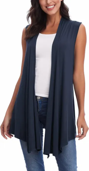 Womens Sleeveless Open Front Draped Asymmetric Hem Cardigan Vest