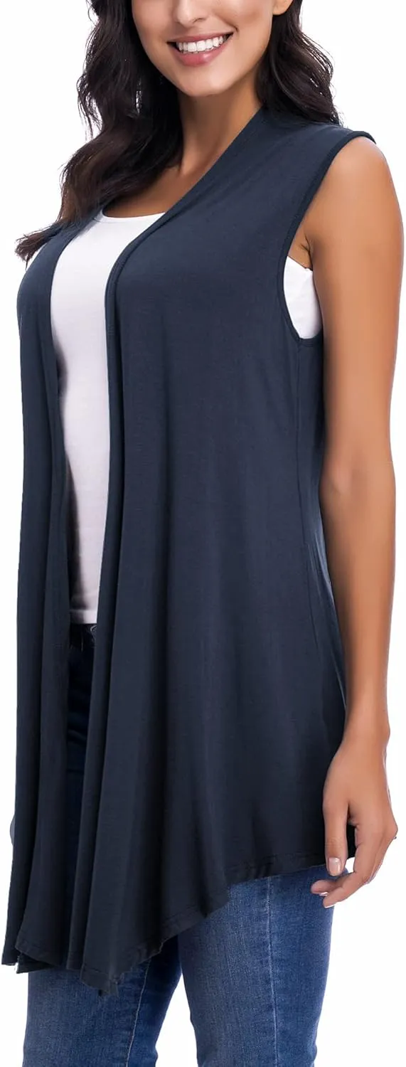 Womens Sleeveless Open Front Draped Asymmetric Hem Cardigan Vest