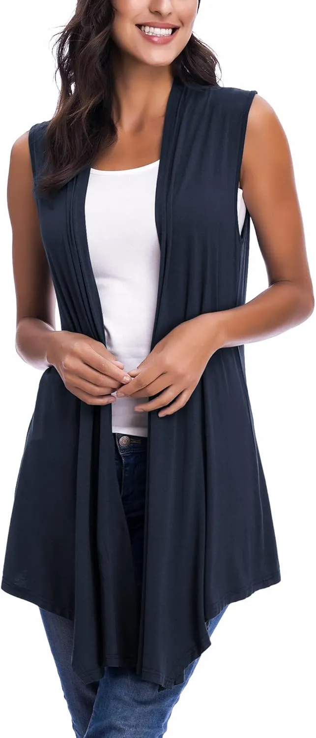 Womens Sleeveless Open Front Draped Asymmetric Hem Cardigan Vest