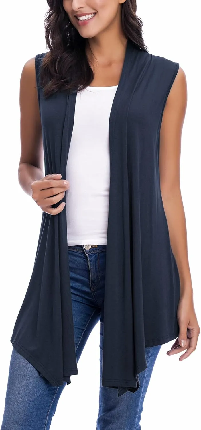 Womens Sleeveless Open Front Draped Asymmetric Hem Cardigan Vest