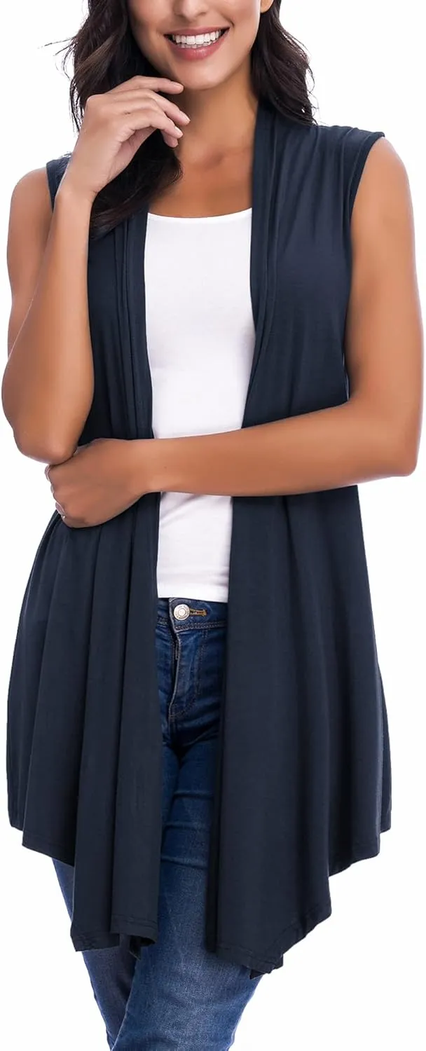 Womens Sleeveless Open Front Draped Asymmetric Hem Cardigan Vest