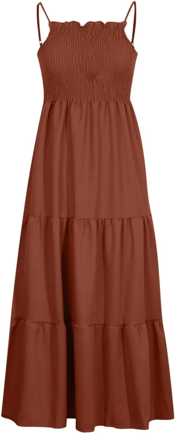 Women's Spaghetti Strap Tiered Dress A-Line Summer Sleeveless Ribbed Knit Sundresses Flowy Beach Vacation Midi Dresses