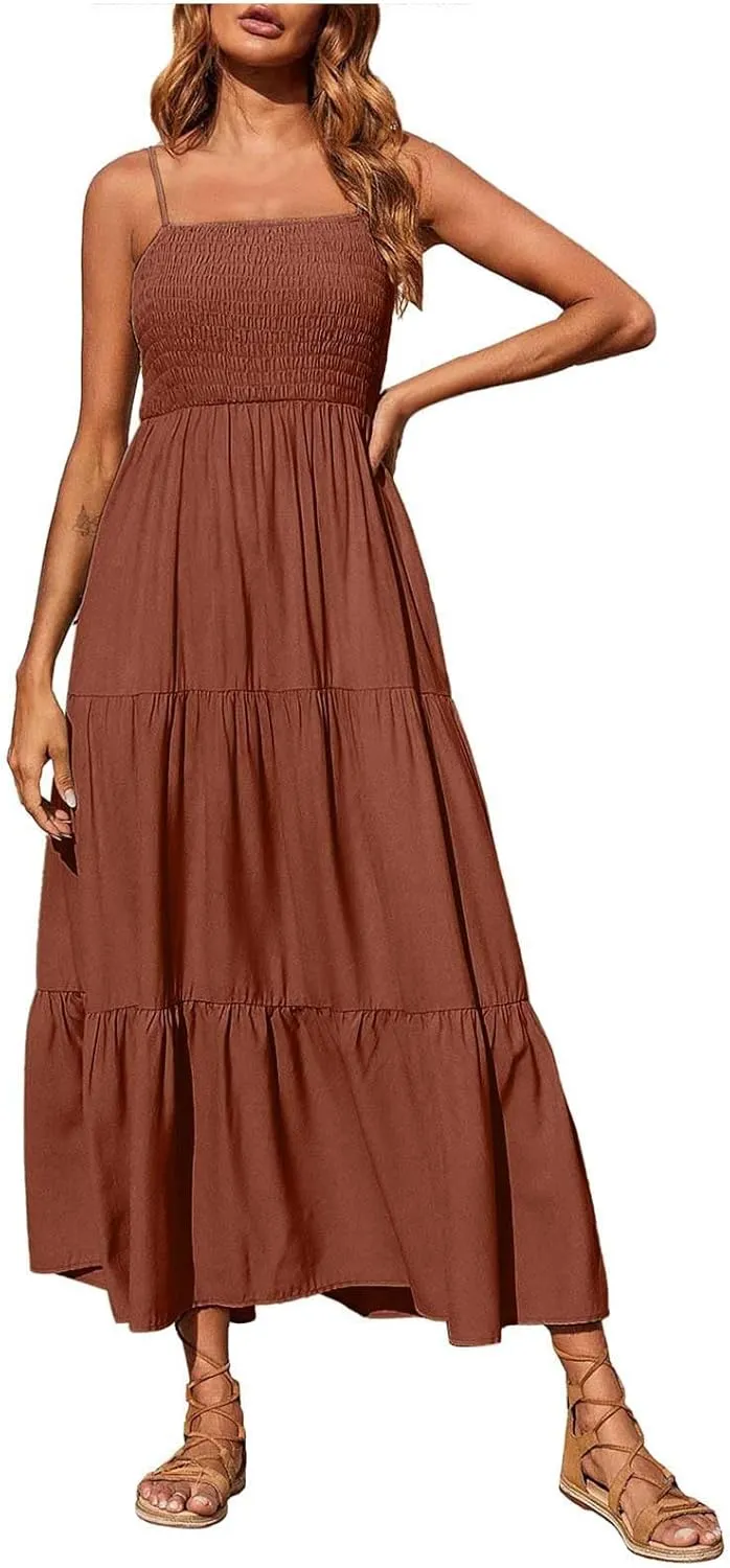 Women's Spaghetti Strap Tiered Dress A-Line Summer Sleeveless Ribbed Knit Sundresses Flowy Beach Vacation Midi Dresses