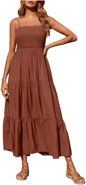 Women's Spaghetti Strap Tiered Dress A-Line Summer Sleeveless Ribbed Knit Sundresses Flowy Beach Vacation Midi Dresses