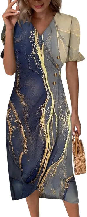 Women's Summer Casual Loose Trendy Short Sleeve V-Neck Floral Printed Solid Sun Beach Vacation Dress, S-3XL