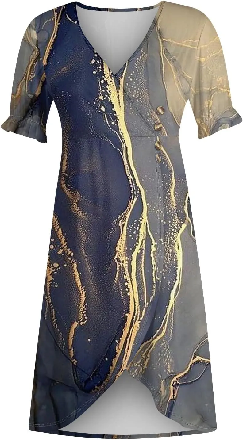 Women's Summer Casual Loose Trendy Short Sleeve V-Neck Floral Printed Solid Sun Beach Vacation Dress, S-3XL