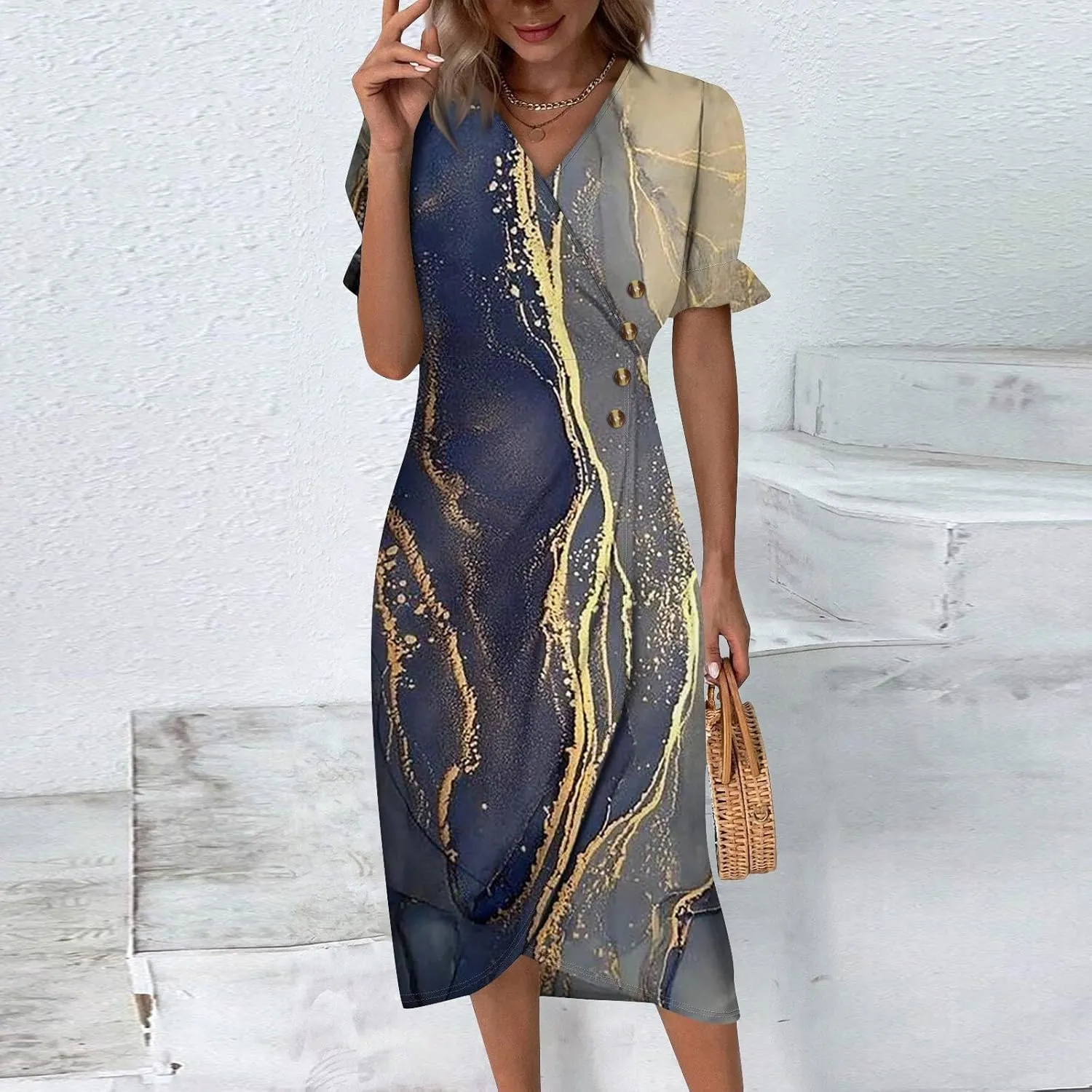 Women's Summer Casual Loose Trendy Short Sleeve V-Neck Floral Printed Solid Sun Beach Vacation Dress, S-3XL