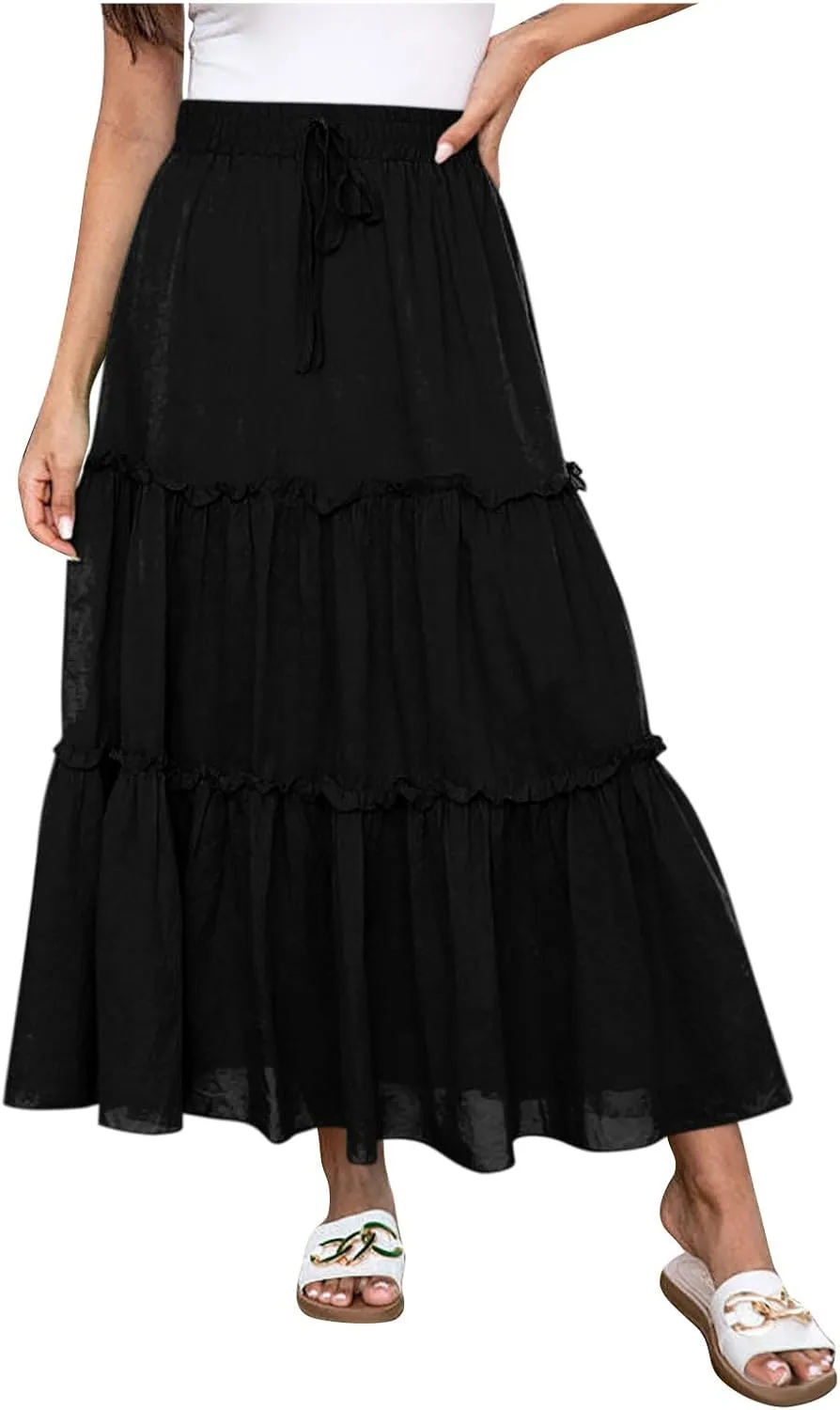 Women's Summer Casual Skirts Elastic High Waist A Line Skirt Flowy Layered Long Skirts Pencil Skirt Travel Outfit