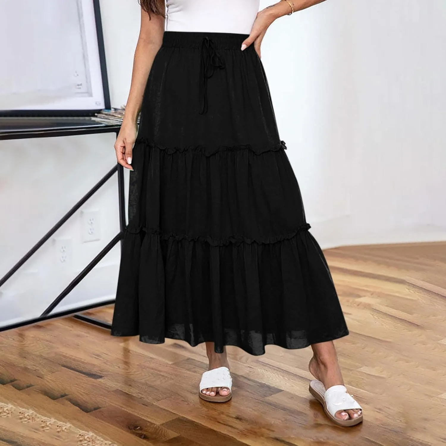 Women's Summer Casual Skirts Elastic High Waist A Line Skirt Flowy Layered Long Skirts Pencil Skirt Travel Outfit