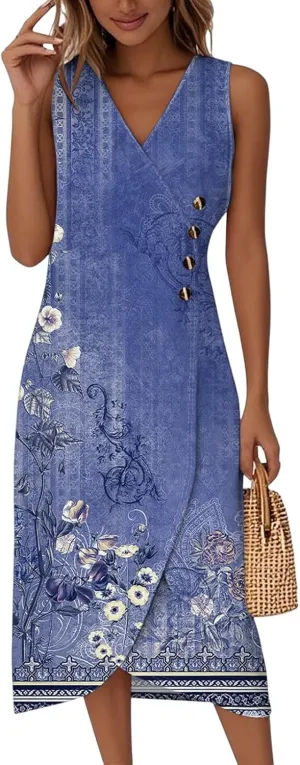 Womens Summer Dresses 2025 Dressy Casual Button V Neck Sleeveless Irregular Hem Long Dress Vacation Outfits