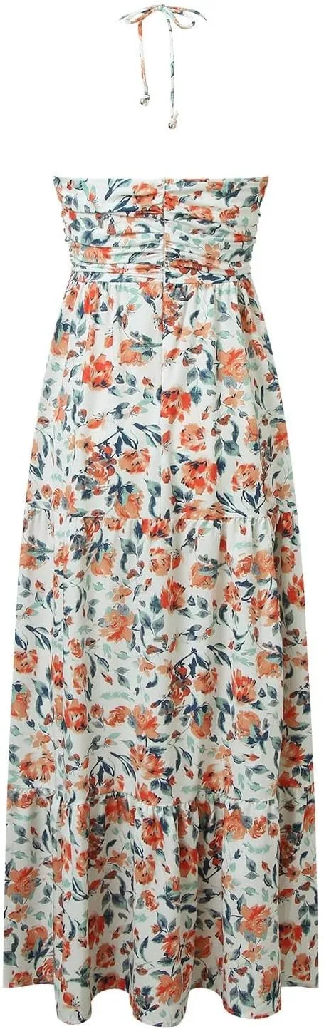 Women's Summer Dresses 2025 Halter Neck Sleeveless Smocked Backless Cut Out Floral Flowy A Line Maxi Dress