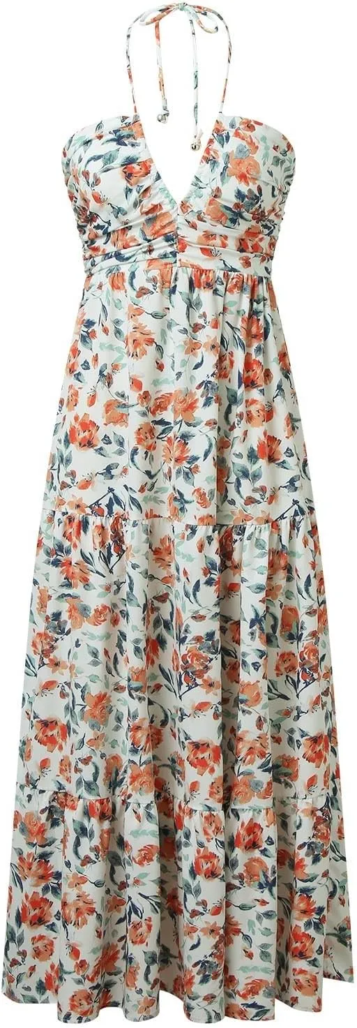 Women's Summer Dresses 2025 Halter Neck Sleeveless Smocked Backless Cut Out Floral Flowy A Line Maxi Dress
