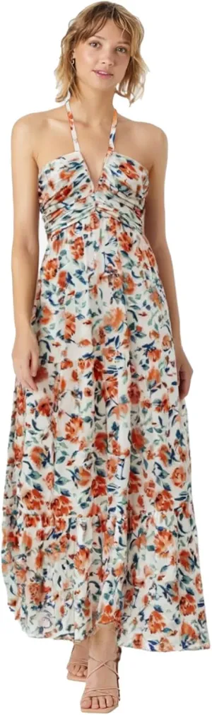 Women's Summer Dresses 2025 Halter Neck Sleeveless Smocked Backless Cut Out Floral Flowy A Line Maxi Dress