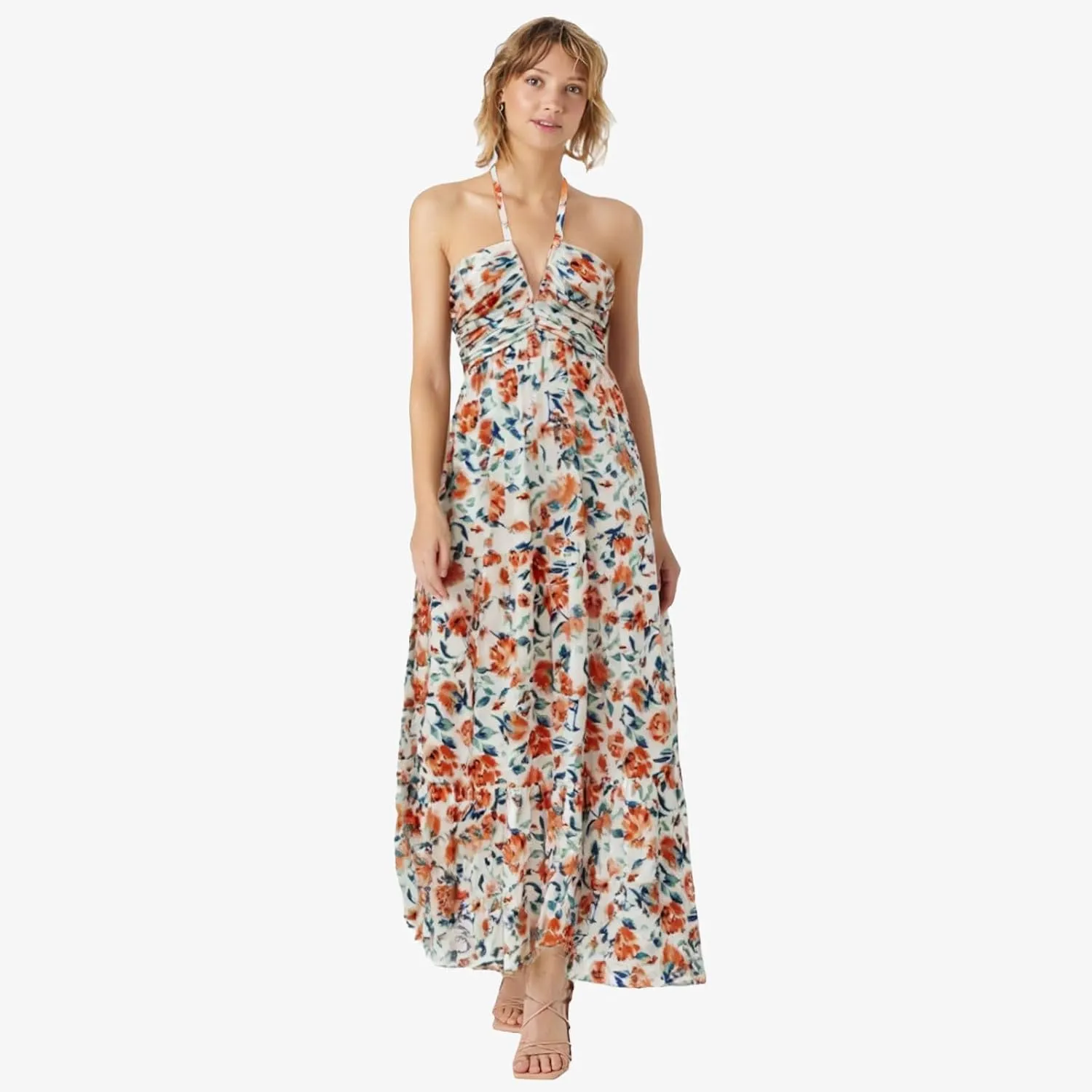 Women's Summer Dresses 2025 Halter Neck Sleeveless Smocked Backless Cut Out Floral Flowy A Line Maxi Dress