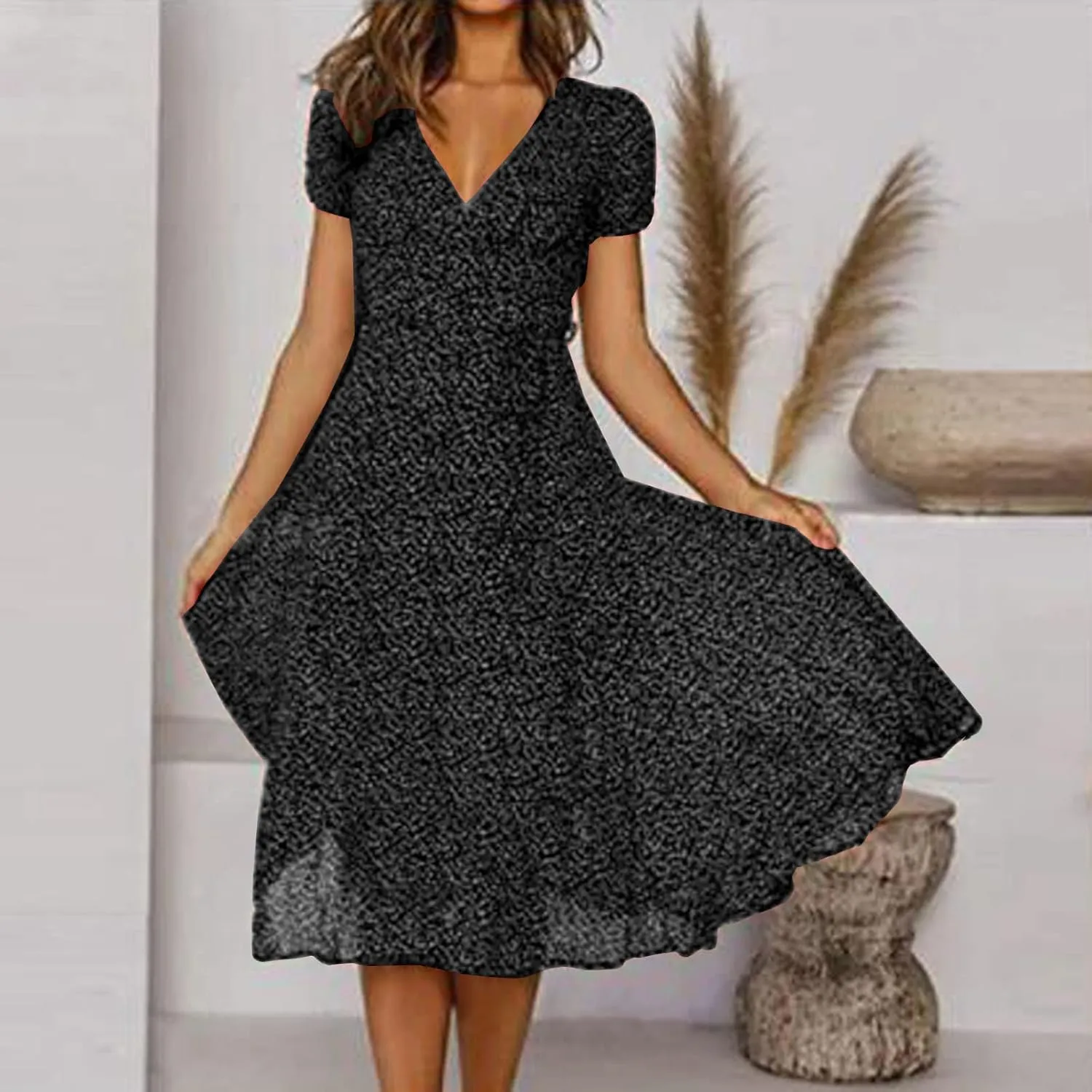 Womens Summer Dresses for Vacation Short Sleeve V Neck Polka Dot Dress Elegant Ruffle Hem Swing Flowy Midi Dress