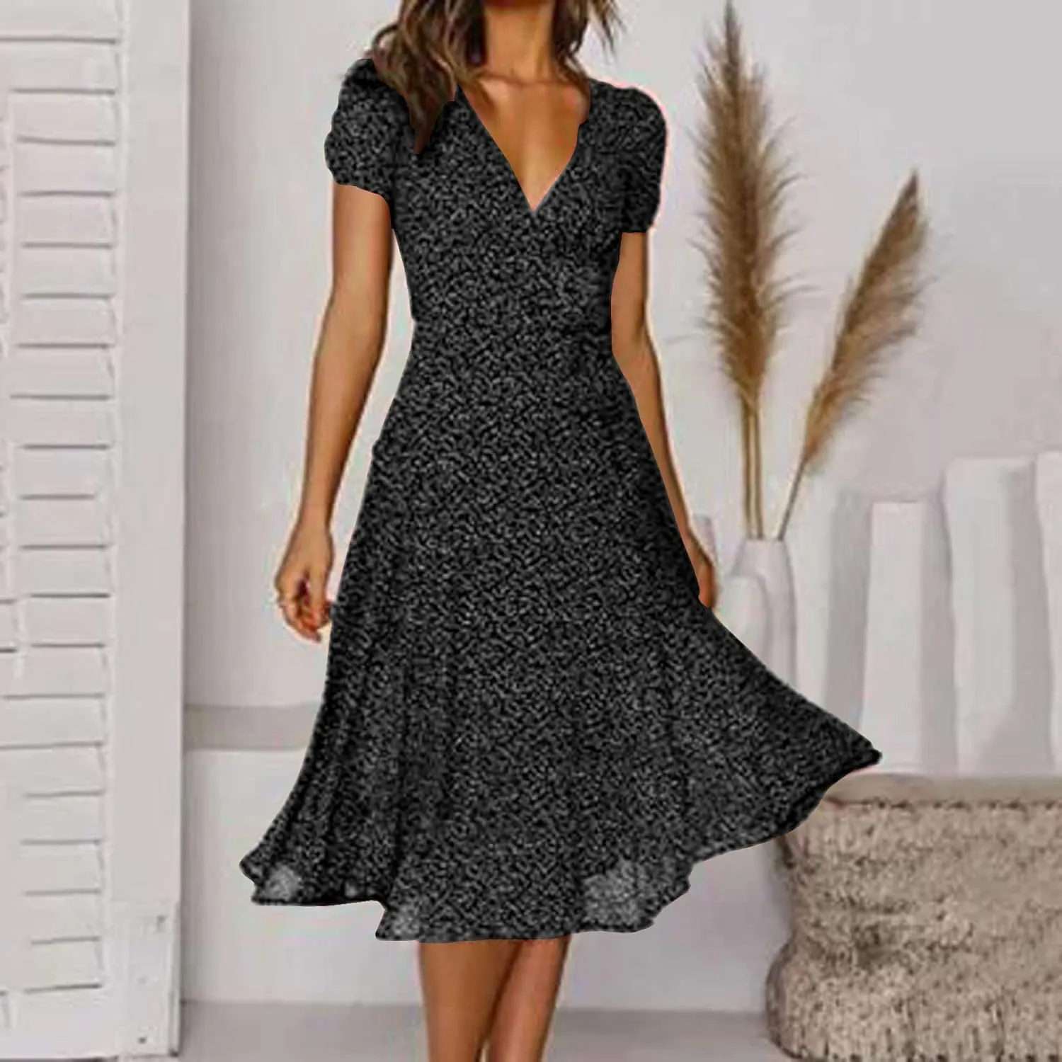 Womens Summer Dresses for Vacation Short Sleeve V Neck Polka Dot Dress Elegant Ruffle Hem Swing Flowy Midi Dress