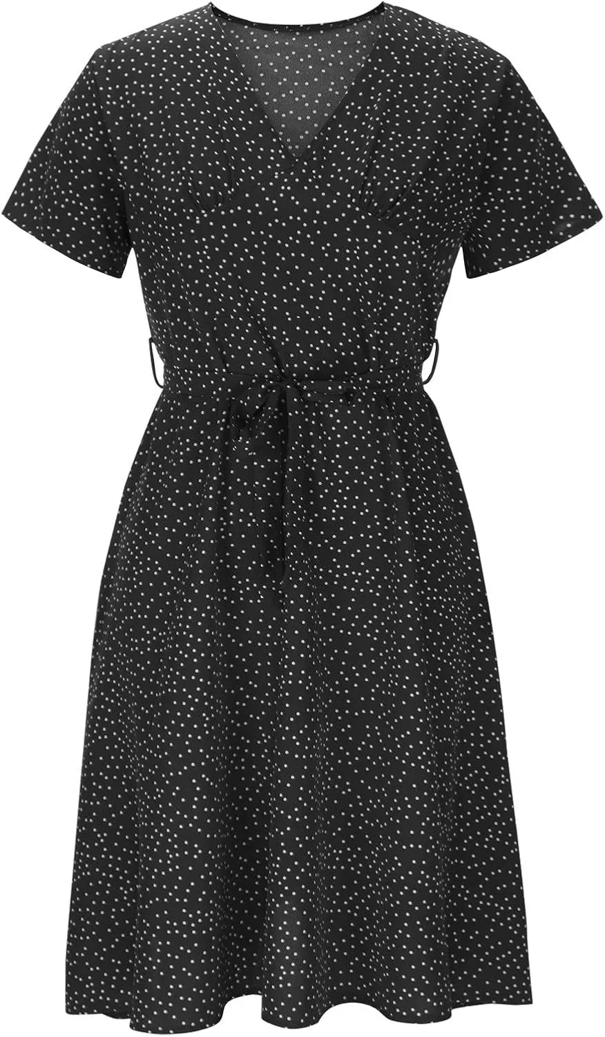 Womens Summer Dresses for Vacation Short Sleeve V Neck Polka Dot Dress Elegant Ruffle Hem Swing Flowy Midi Dress