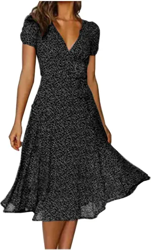 Womens Summer Dresses for Vacation Short Sleeve V Neck Polka Dot Dress Elegant Ruffle Hem Swing Flowy Midi Dress