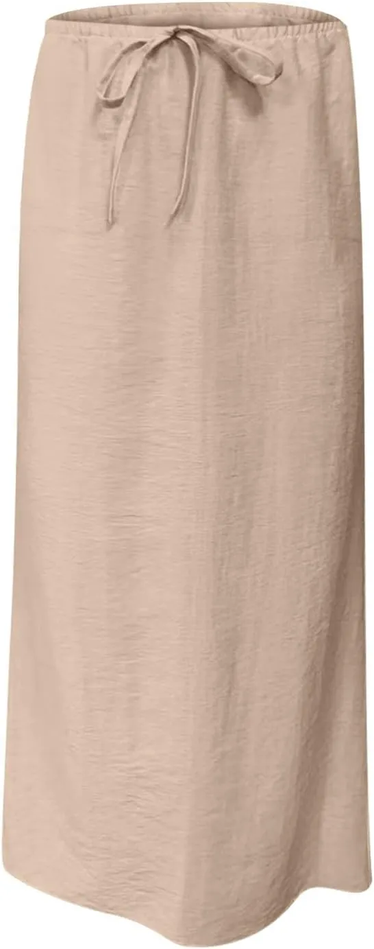 Womens Summer Maxi Skirt Low Rise Lace Up Midi Skirt Casual Long Skirt A Line Lounge Skirt Trendy Beach Skirts
