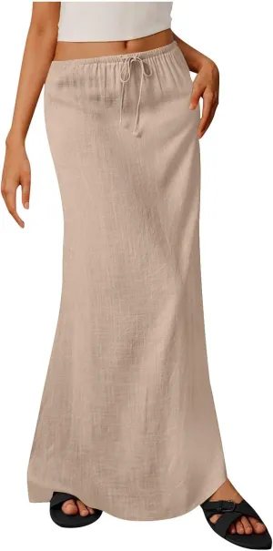 Womens Summer Maxi Skirt Low Rise Lace Up Midi Skirt Casual Long Skirt A Line Lounge Skirt Trendy Beach Skirts