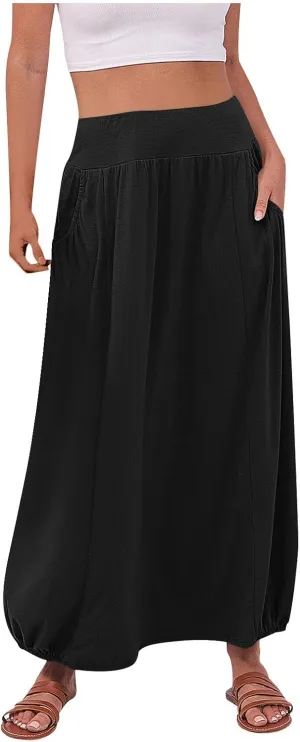 Women's Summer Maxi Skirts 2025 Trendy Solid High Waisted Ankle Length Skirt Casual Flowy Ruffle Hem Balloon Skirts