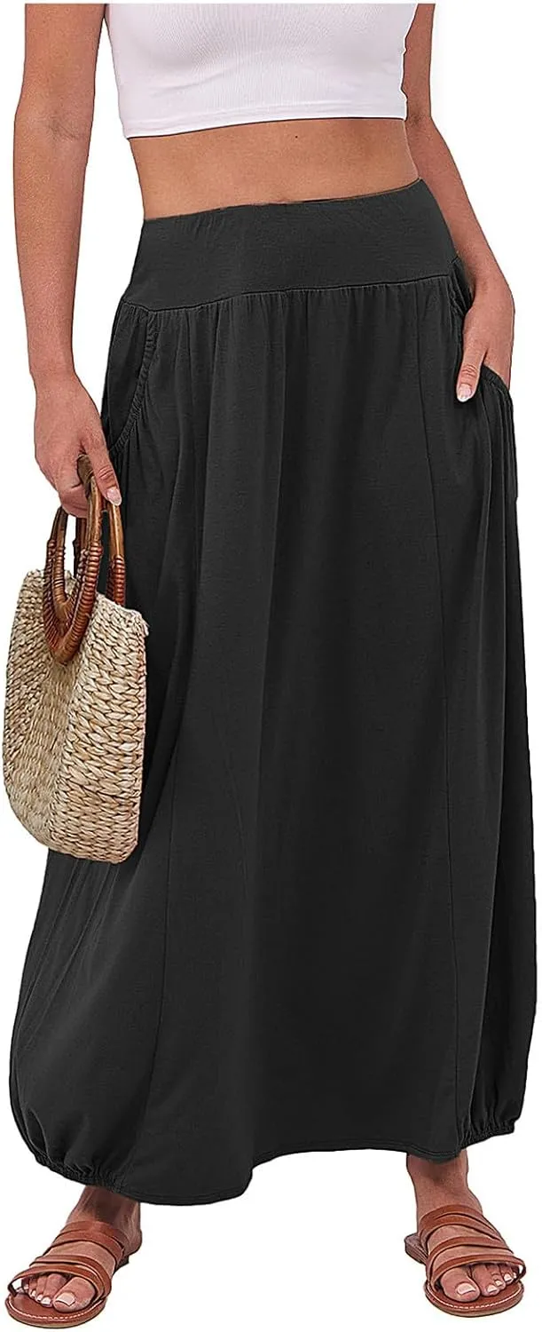 Women's Summer Maxi Skirts 2025 Trendy Solid High Waisted Ankle Length Skirt Casual Flowy Ruffle Hem Balloon Skirts