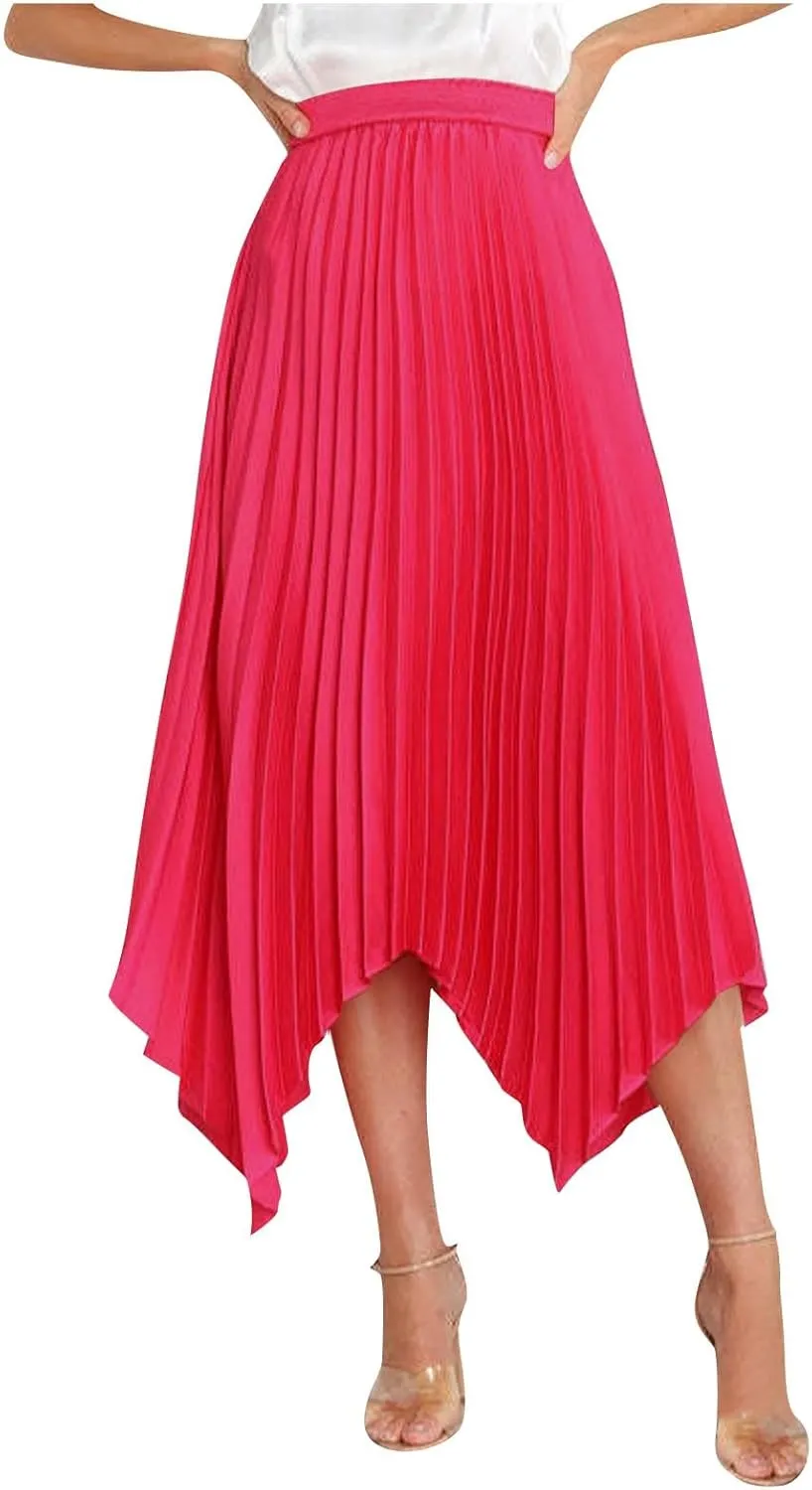 Women's Summer Skirt Solid Color High Waist Pleated A Line Swing Skirts Casual Fashion Irregular Hem Swing Skorts