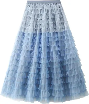 Women's Summer Skirt Women's Skirt A Line Elastic Waistband Waist Tulle Midi Skirt High Waist Skirts Pleated Midi