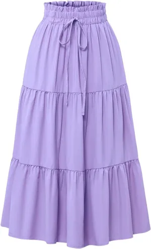 Womens Summer Skirts Midi Length Drawstring High Waist Skirts Below Knee Ruffle Tiered A Line Floral Print Beach Skirt