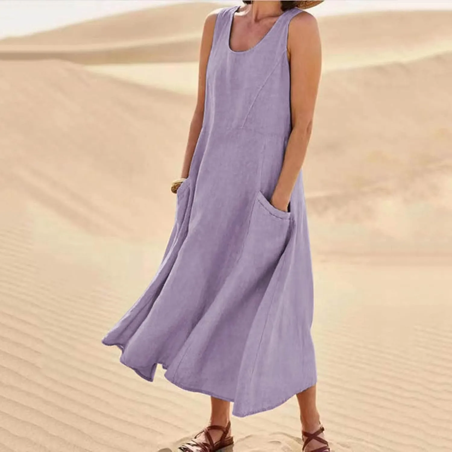 Women's Summer Sleeveless Cotton Linen Dress Plus Size Flowy Beach Long Dress Casual Solid Maxi Dress with Pockets