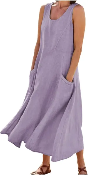 Women's Summer Sleeveless Cotton Linen Dress Plus Size Flowy Beach Long Dress Casual Solid Maxi Dress with Pockets