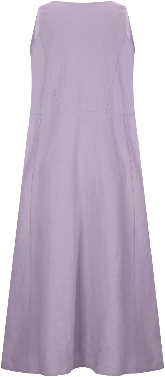 Women's Summer Sleeveless Cotton Linen Dress Plus Size Flowy Beach Long Dress Casual Solid Maxi Dress with Pockets