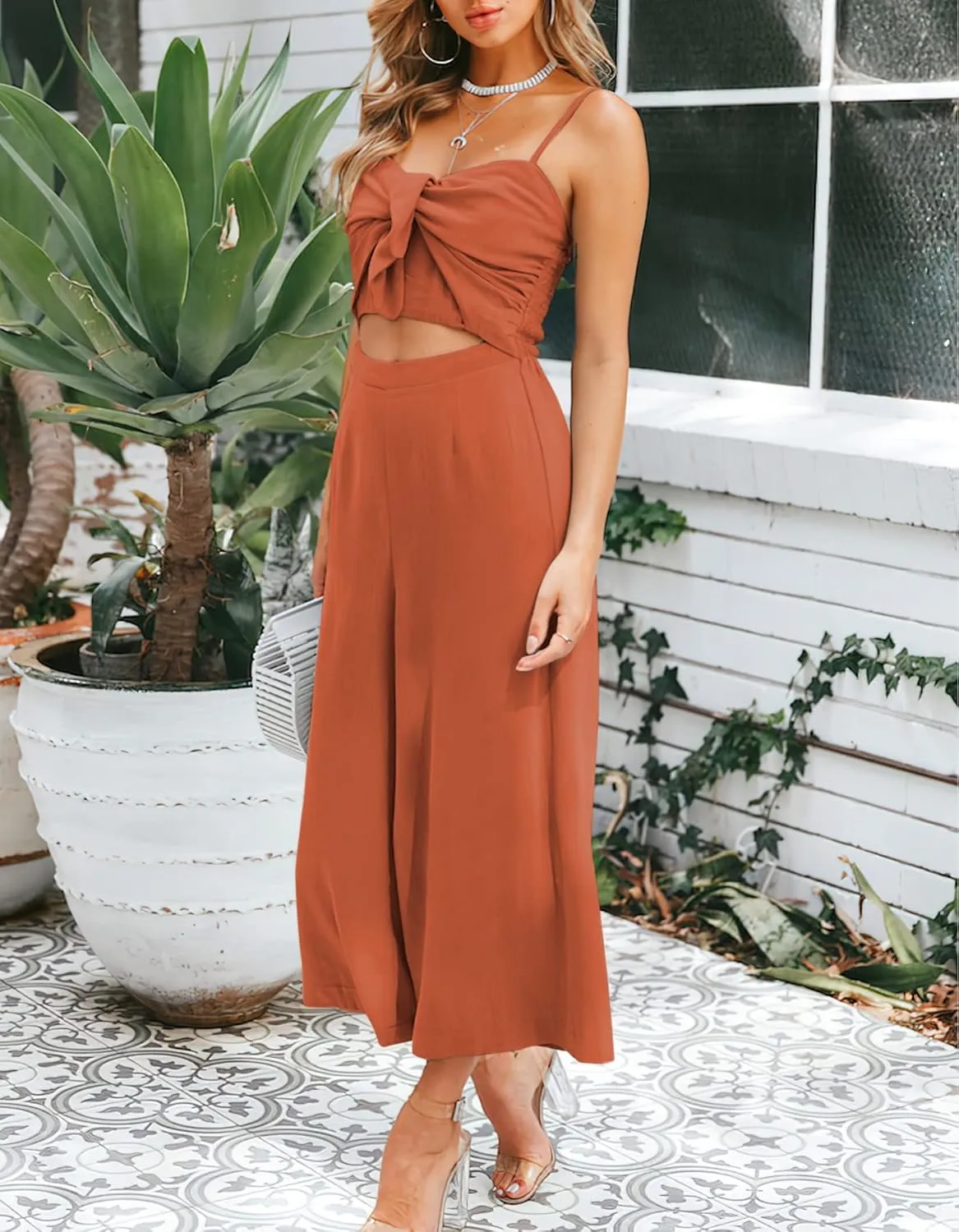 Women's Summer Tie Knot Cutout Spaghetti Straps Smocked High Waist Wide Leg Sexy Jumpsuits Rompers Pockets
