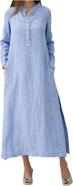 Women's Sun Dresses 2025 Vacation Casual Loose Trendy Long Sleeve Button Down Collar Solid Maxi Dress, S-3XL