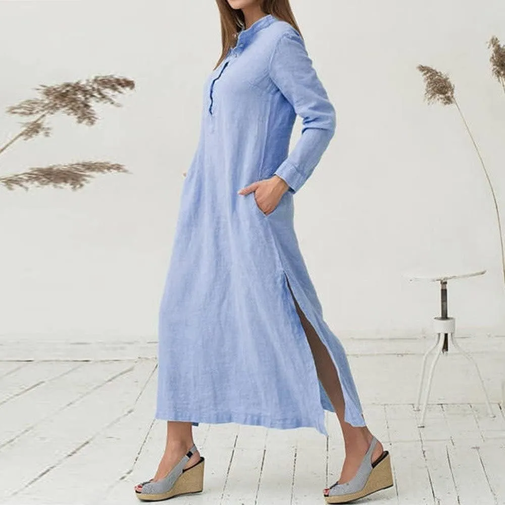 Women's Sun Dresses 2025 Vacation Casual Loose Trendy Long Sleeve Button Down Collar Solid Maxi Dress, S-3XL