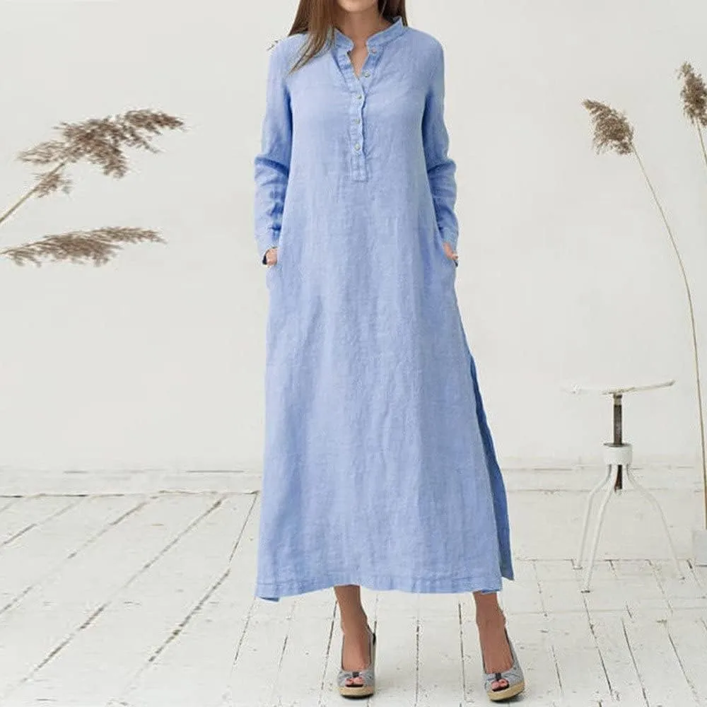 Women's Sun Dresses 2025 Vacation Casual Loose Trendy Long Sleeve Button Down Collar Solid Maxi Dress, S-3XL
