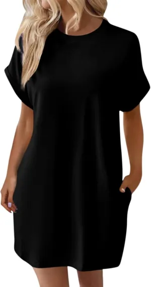 Women's Sun Dresses 2025 Vacation Summer Casual Loose Trendy Short Sleeve Round Neck Solid Color Dress, S-2XL