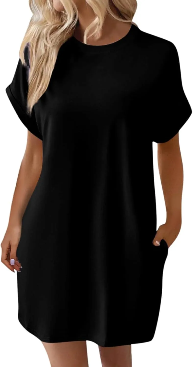 Women's Sun Dresses 2025 Vacation Summer Casual Loose Trendy Short Sleeve Round Neck Solid Color Dress, S-2XL