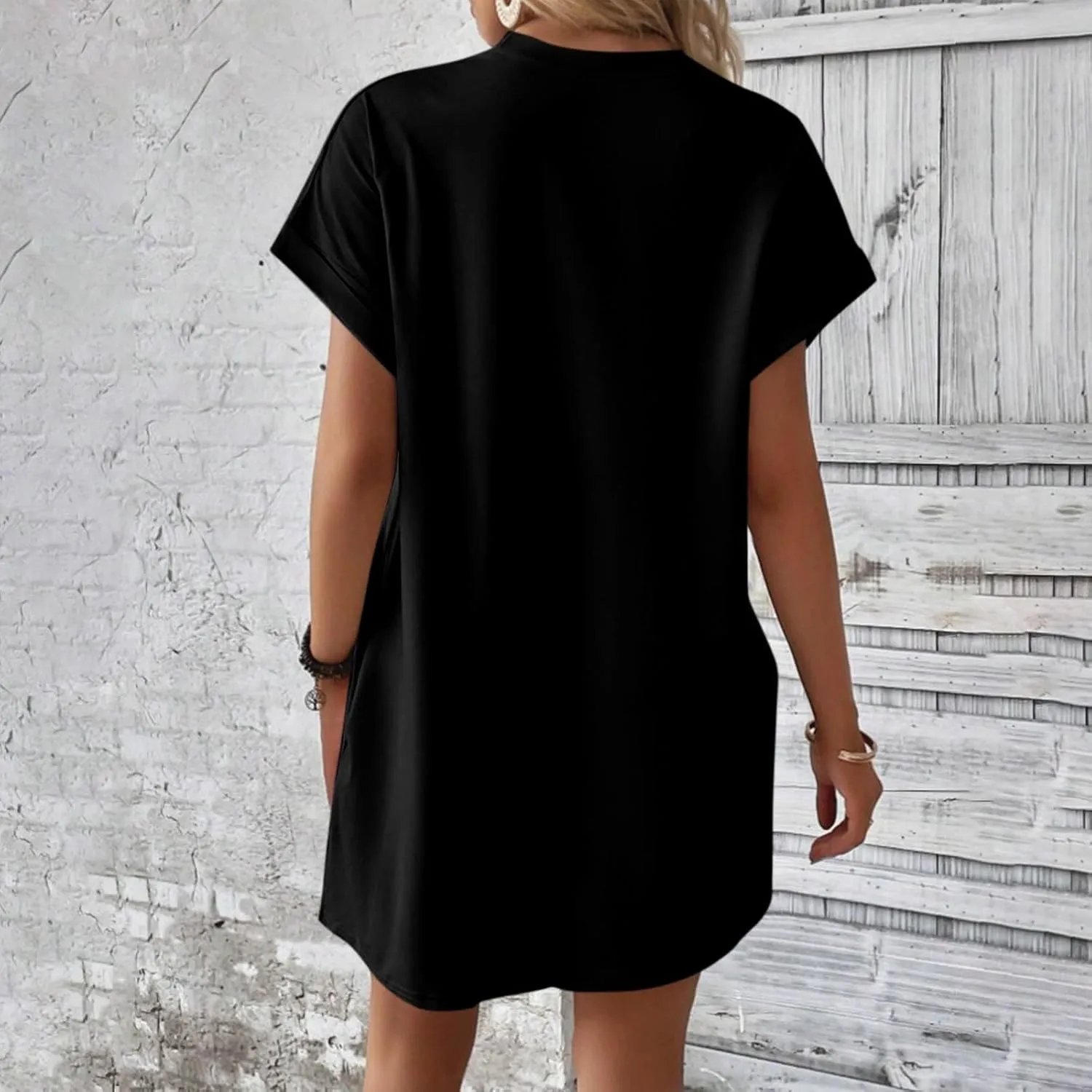 Women's Sun Dresses 2025 Vacation Summer Casual Loose Trendy Short Sleeve Round Neck Solid Color Dress, S-2XL