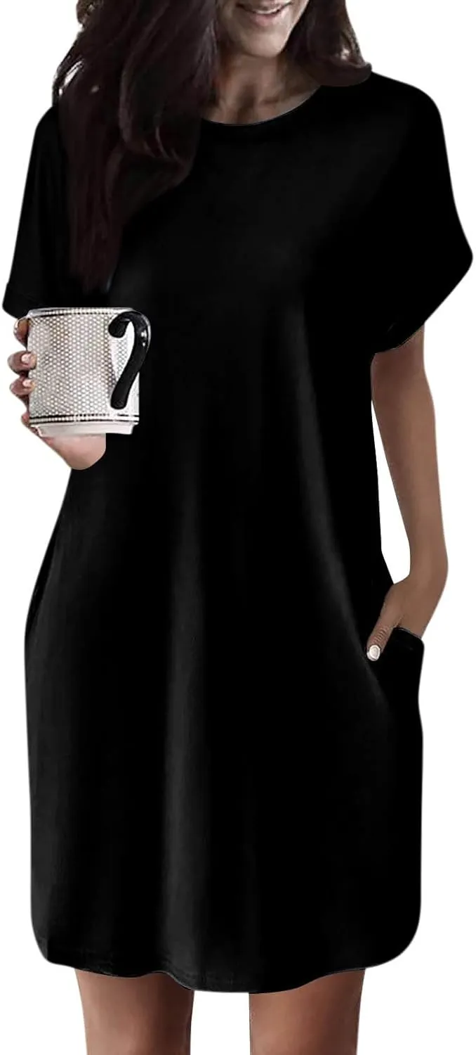 Women's Sun Dresses 2025 Vacation Summer Casual Loose Trendy Short Sleeve Round Neck Solid Color Dress, S-2XL