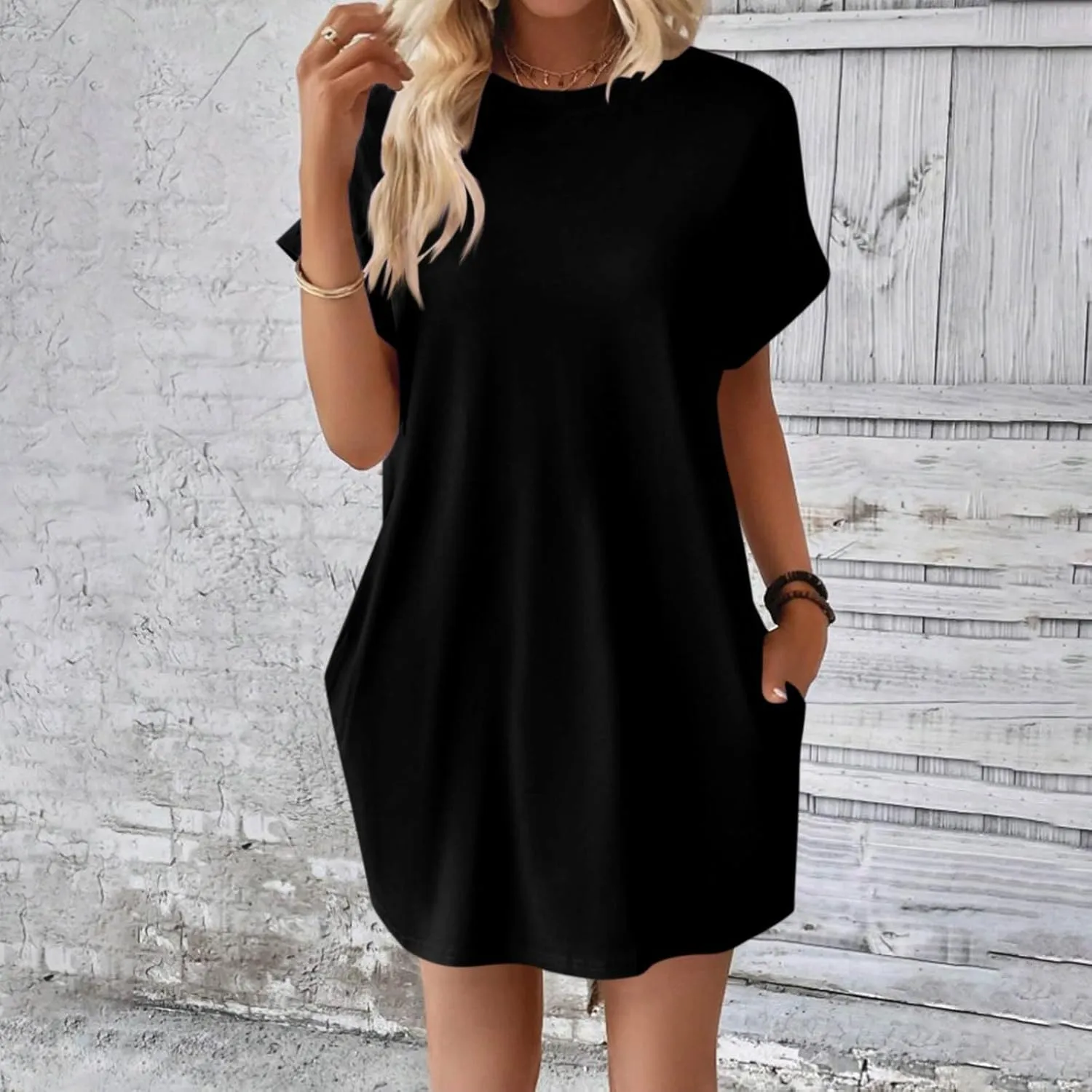 Women's Sun Dresses 2025 Vacation Summer Casual Loose Trendy Short Sleeve Round Neck Solid Color Dress, S-2XL