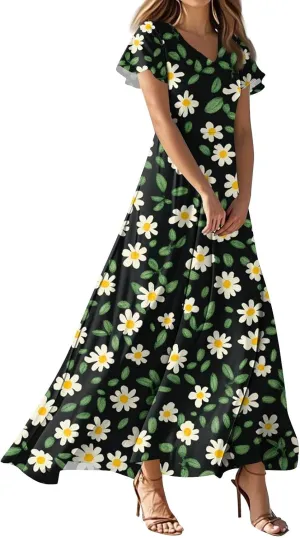 Women's Sundresses 2025 Casual Loose Trendy Short Sleeve V-Neck Floral Printed Beach Boho Maxi Dress, XS-2XL