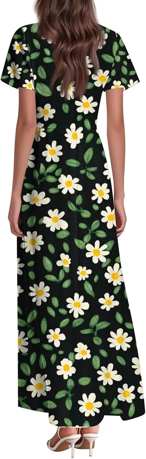 Women's Sundresses 2025 Casual Loose Trendy Short Sleeve V-Neck Floral Printed Beach Boho Maxi Dress, XS-2XL