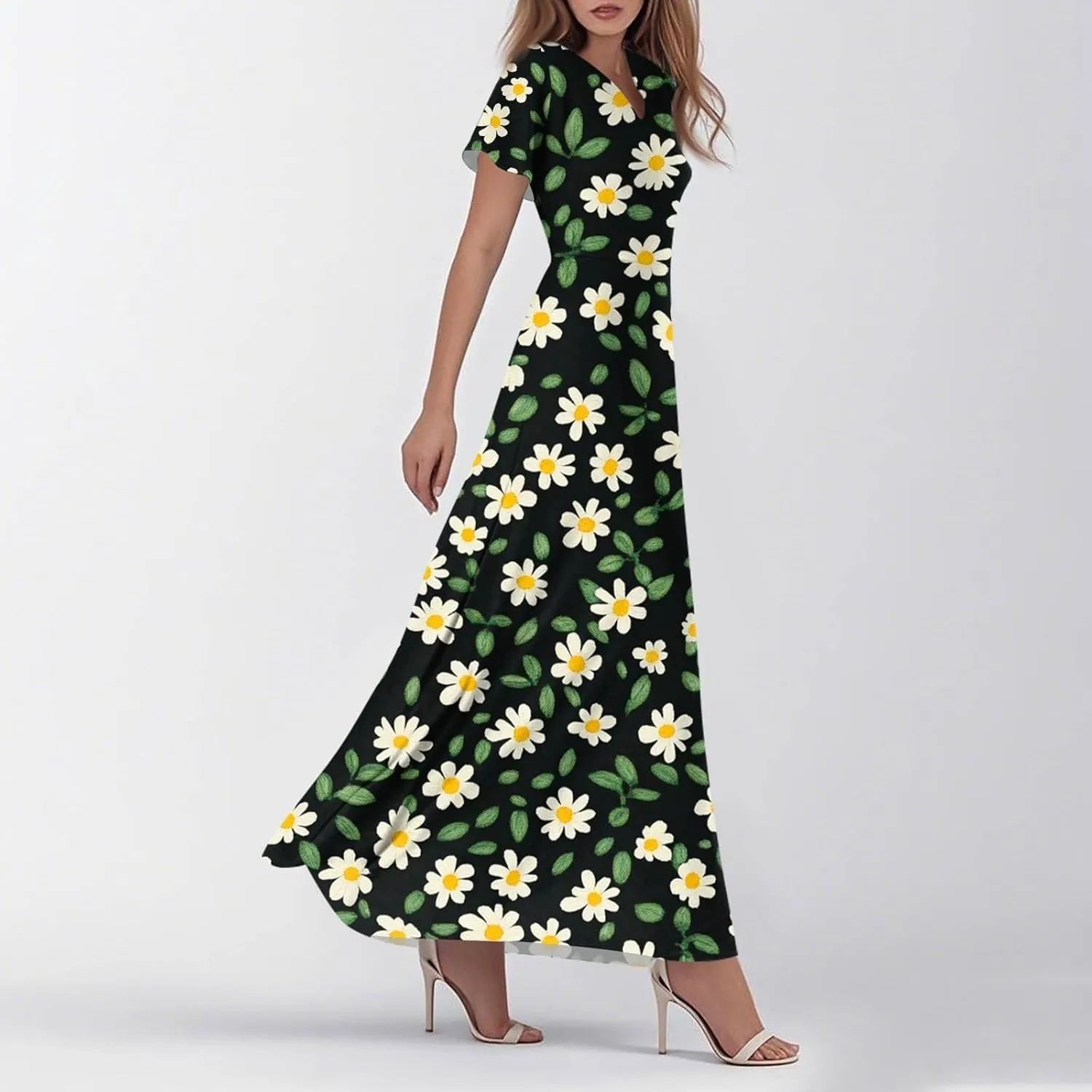 Women's Sundresses 2025 Casual Loose Trendy Short Sleeve V-Neck Floral Printed Beach Boho Maxi Dress, XS-2XL