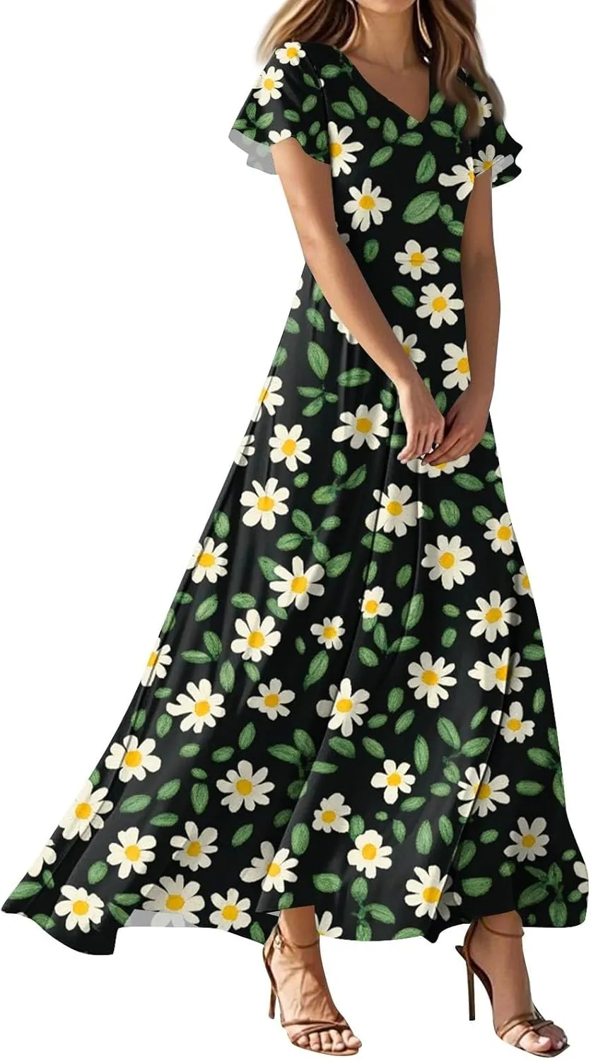 Women's Sundresses 2025 Casual Loose Trendy Short Sleeve V-Neck Floral Printed Beach Boho Maxi Dress, XS-2XL