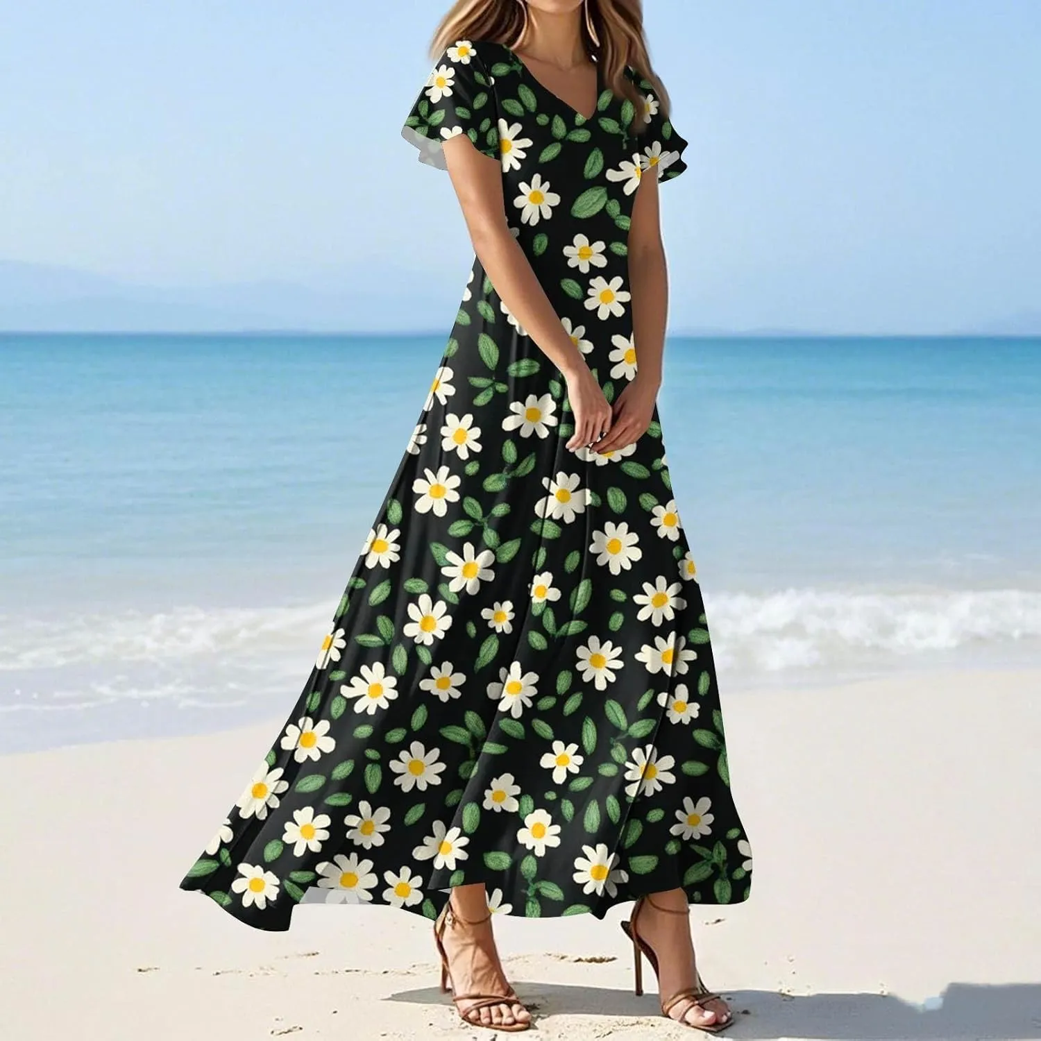 Women's Sundresses 2025 Casual Loose Trendy Short Sleeve V-Neck Floral Printed Beach Boho Maxi Dress, XS-2XL