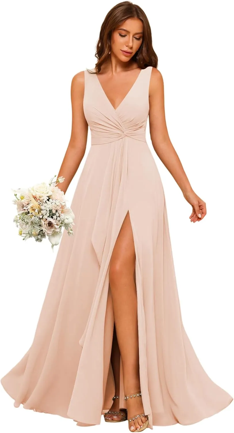 Women's V Neck Chiffon Bridesmaid Dresses with Slit Long A-Line Pleated Formal Party Dress